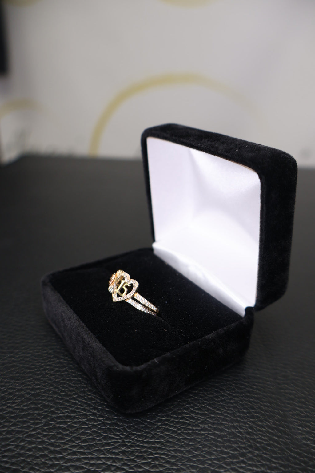 14K Yellow Gold Number 15 Heart Ring with Cubic Zirconia