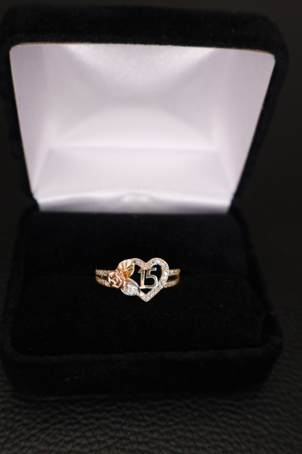 14K Yellow Gold Number 15 Heart Ring with Cubic Zirconia