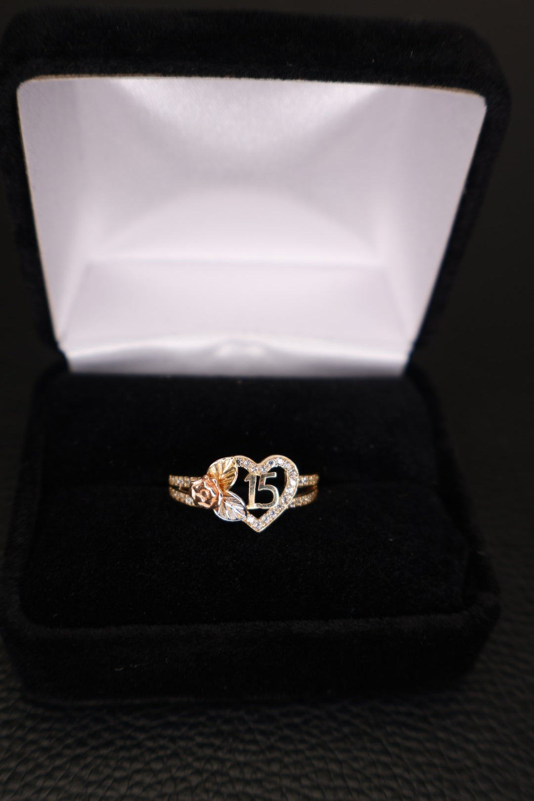 14K Yellow Gold Number 15 Heart Ring with Cubic Zirconia