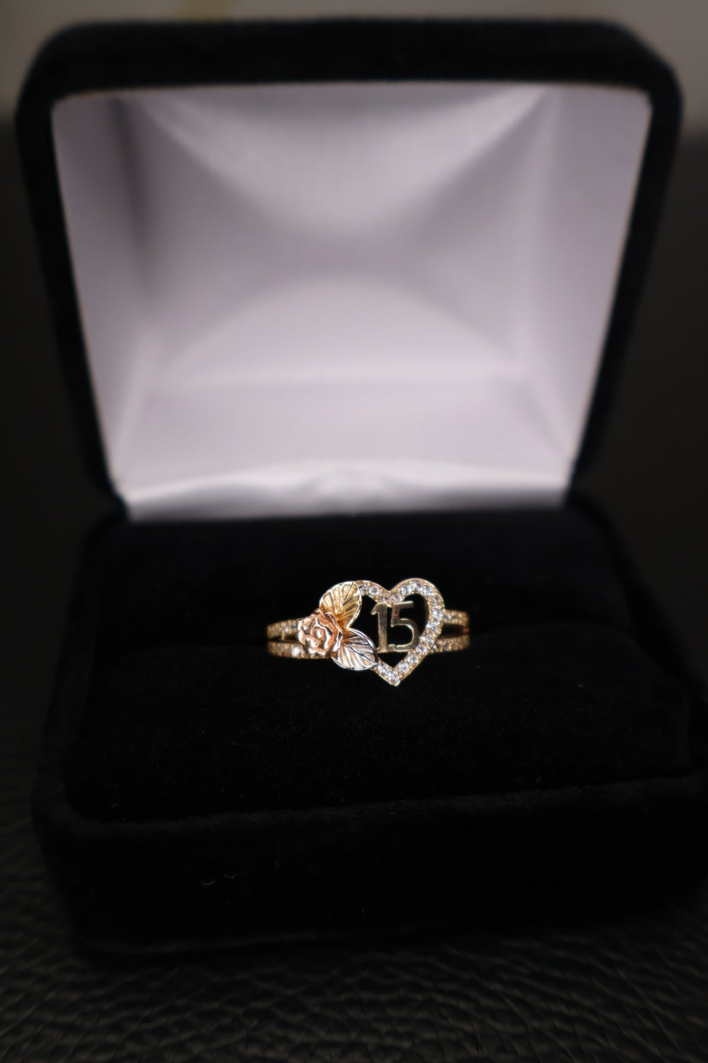 14K Yellow Gold Number 15 Heart Ring with Cubic Zirconia